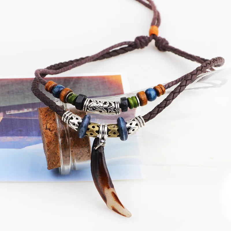 Mens Jewellery Vintage Bohemia Wolf Tooth Pendant Necklace Woven Handmade Cross Beads Stylish Tribal Tooth Rope Necklace Jewelry