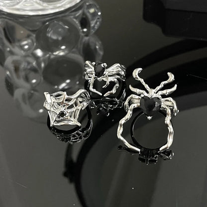 3 Styles Electroplating Black Heart Spider Web Opening Finger Rings Irregular Halloween Punk Gothic Unisex Party Jewelry Gifts