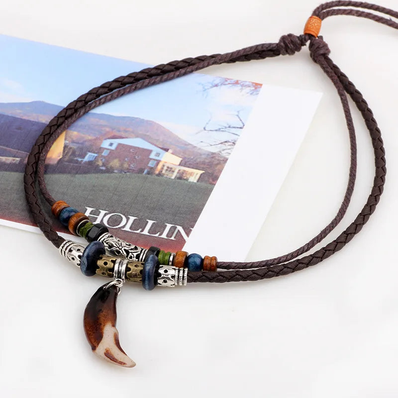 Mens Jewellery Vintage Bohemia Wolf Tooth Pendant Necklace Woven Handmade Cross Beads Stylish Tribal Tooth Rope Necklace Jewelry