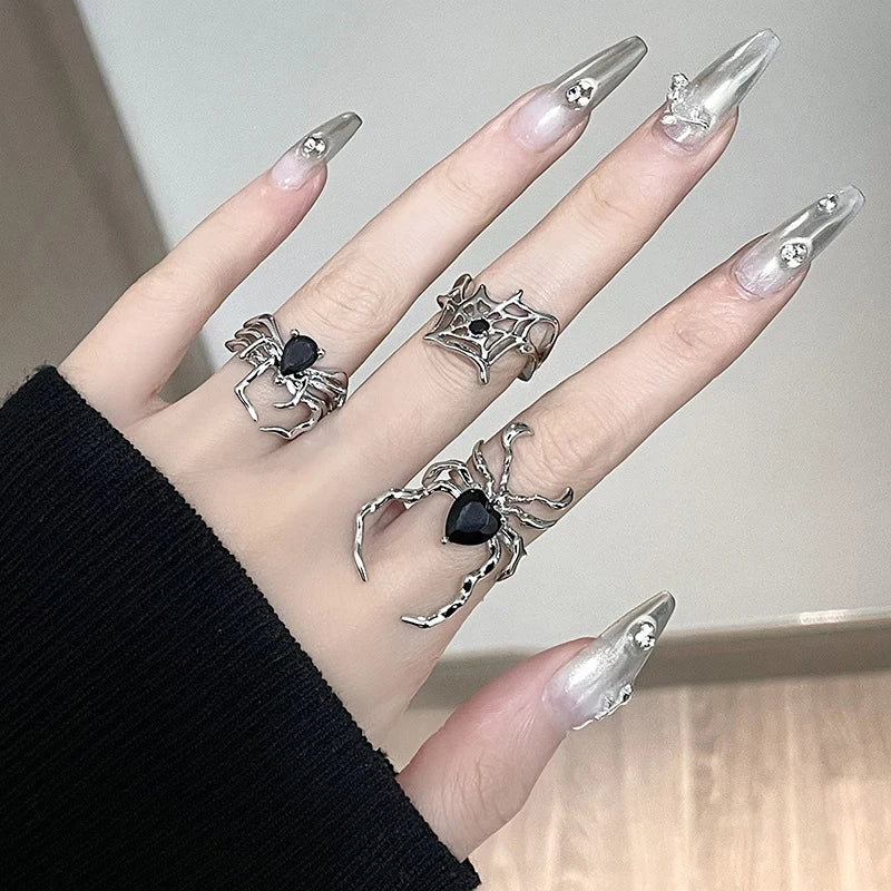 3 Styles Electroplating Black Heart Spider Web Opening Finger Rings Irregular Halloween Punk Gothic Unisex Party Jewelry Gifts